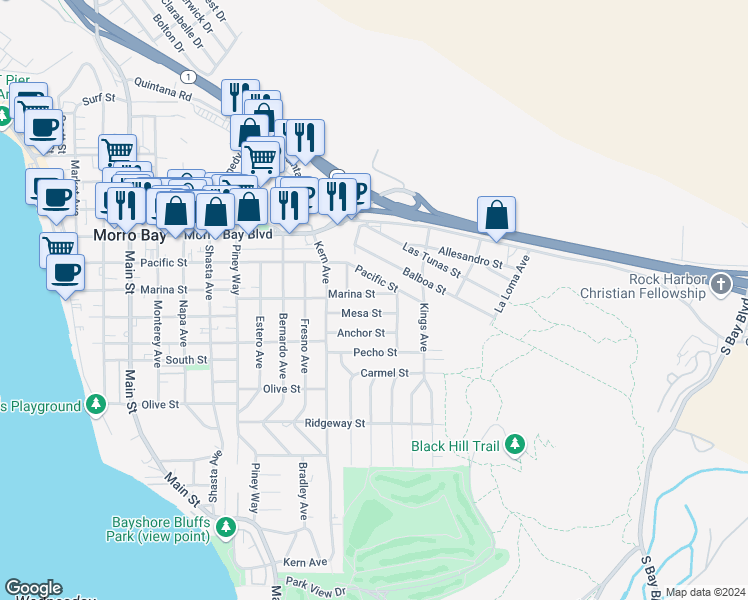 map of restaurants, bars, coffee shops, grocery stores, and more near 948 Marina Street in Morro Bay