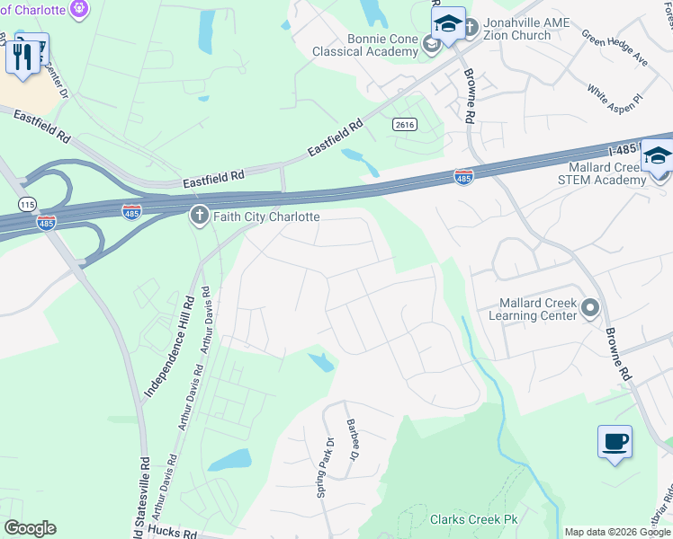 map of restaurants, bars, coffee shops, grocery stores, and more near 9013 Buckley Court in Charlotte