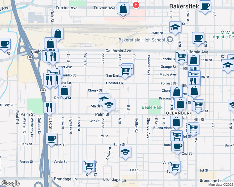 map of restaurants, bars, coffee shops, grocery stores, and more near 639 A Street in Bakersfield