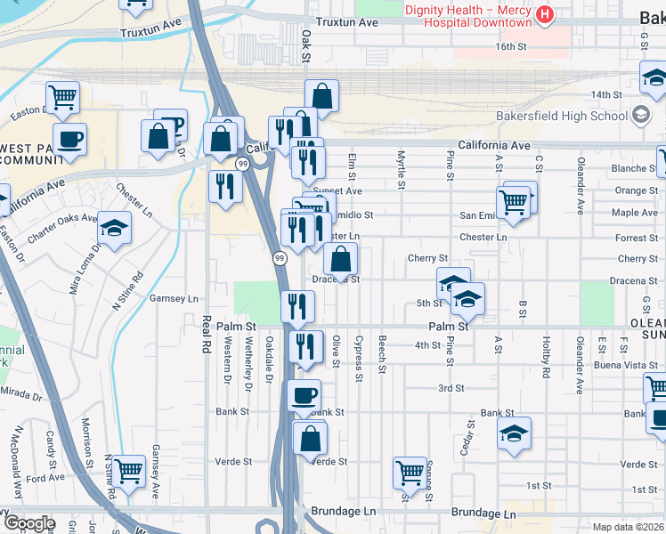 map of restaurants, bars, coffee shops, grocery stores, and more near 702 Olive Street in Bakersfield