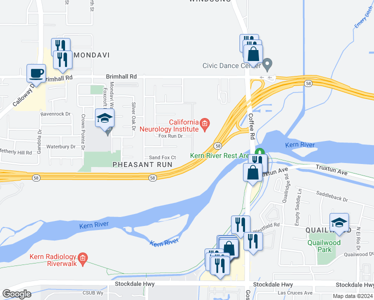 map of restaurants, bars, coffee shops, grocery stores, and more near 631 Jasmine Parke Drive in Bakersfield
