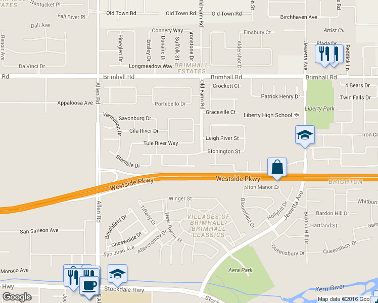 map of restaurants, bars, coffee shops, grocery stores, and more near 12201 Tule River Way in Bakersfield