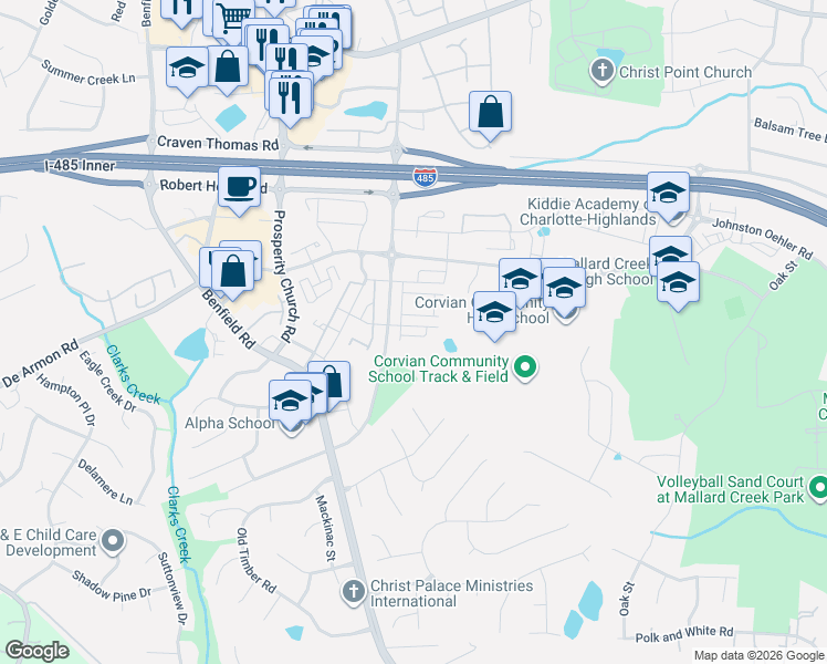 map of restaurants, bars, coffee shops, grocery stores, and more near Prosperity Ridge Road in Charlotte