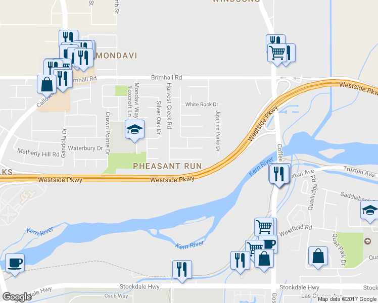 map of restaurants, bars, coffee shops, grocery stores, and more near 8713 Fox Creek Court in Bakersfield