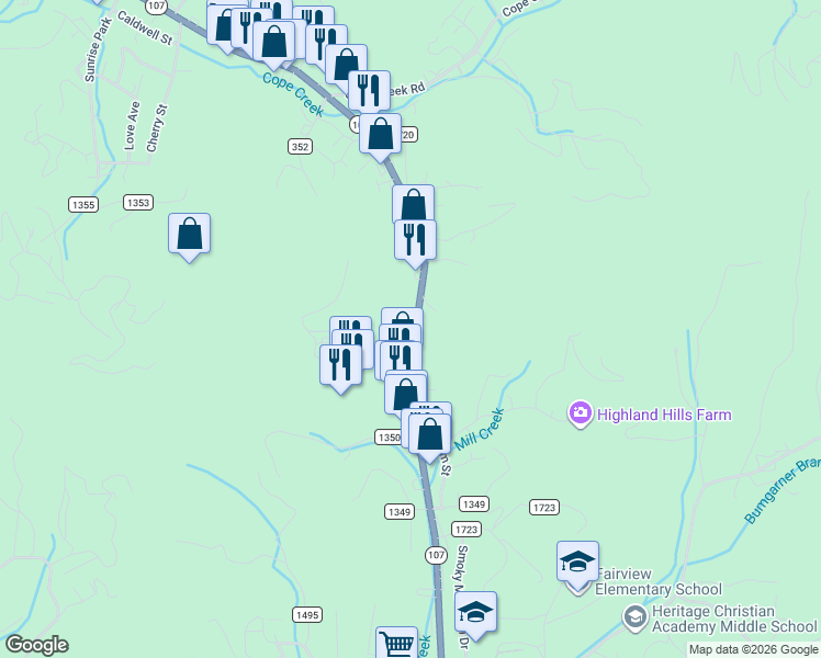 map of restaurants, bars, coffee shops, grocery stores, and more near East Main Street in Sylva