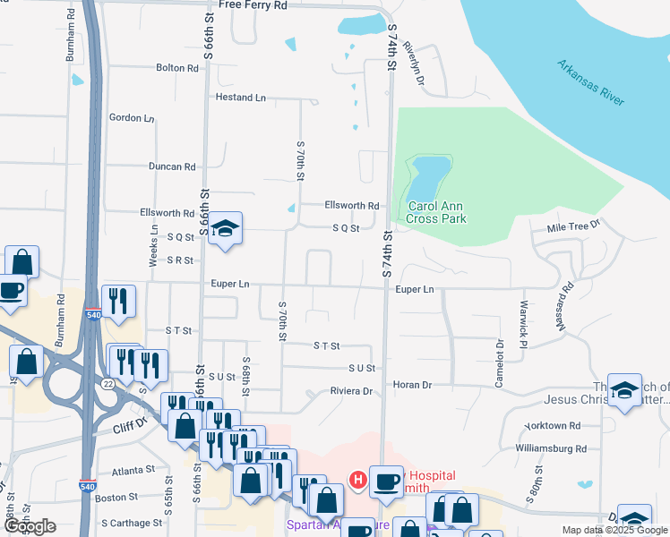 map of restaurants, bars, coffee shops, grocery stores, and more near 1823 South 72nd Street in Fort Smith
