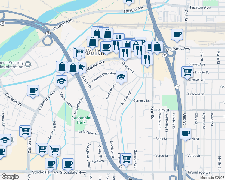 map of restaurants, bars, coffee shops, grocery stores, and more near 4113 Garnsey Lane in Bakersfield