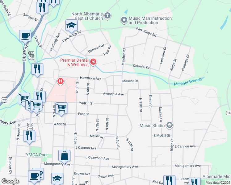 map of restaurants, bars, coffee shops, grocery stores, and more near 1001 Melchor Road in Albemarle