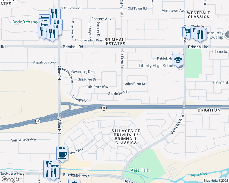 map of restaurants, bars, coffee shops, grocery stores, and more near 12201 Tule River Way in Bakersfield