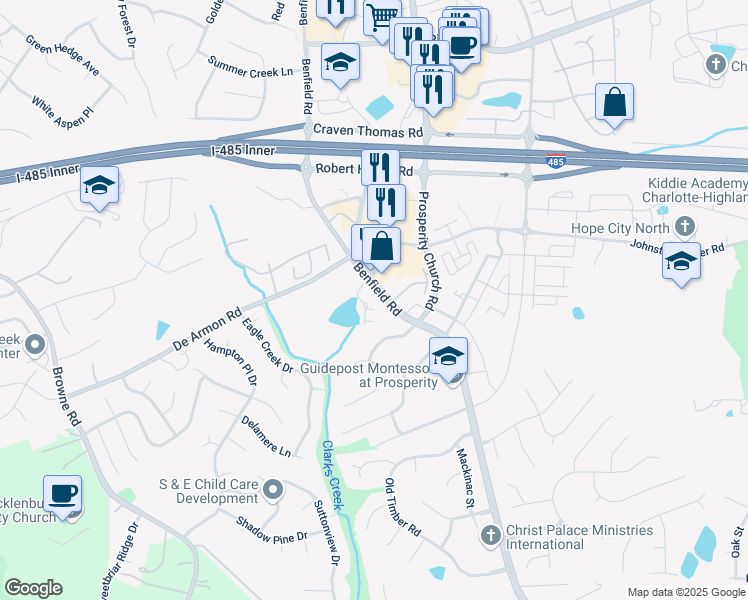 map of restaurants, bars, coffee shops, grocery stores, and more near 9131 Benfield Road in Charlotte