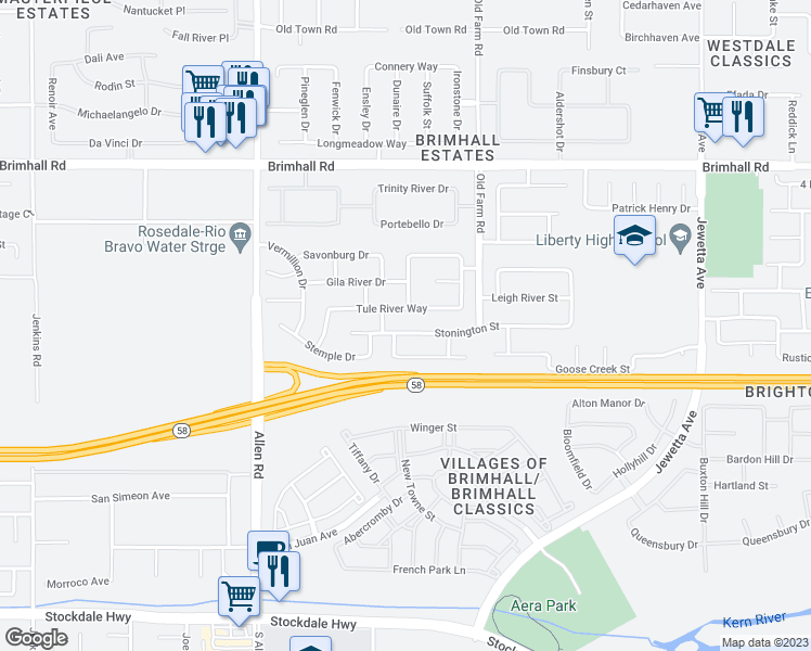 map of restaurants, bars, coffee shops, grocery stores, and more near 12316 Stonington Street in Bakersfield