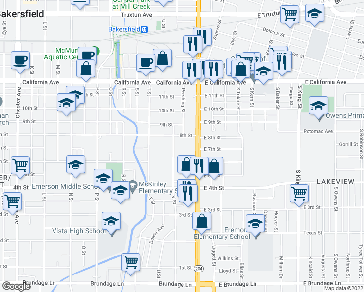 map of restaurants, bars, coffee shops, grocery stores, and more near 711 Union Avenue in Bakersfield
