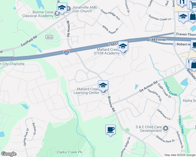 map of restaurants, bars, coffee shops, grocery stores, and more near 11228 White Stag Drive in Charlotte