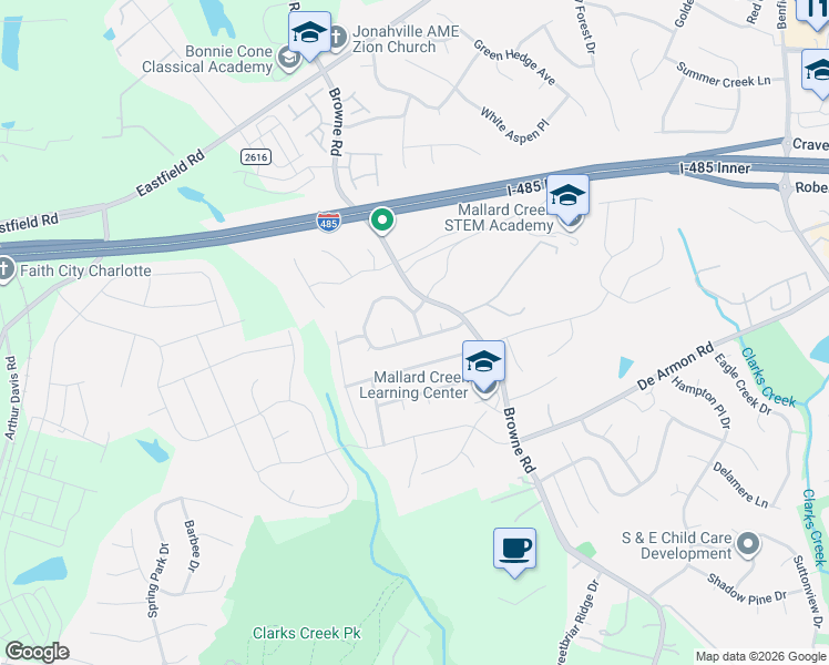 map of restaurants, bars, coffee shops, grocery stores, and more near 11201 White Stag Drive in Charlotte