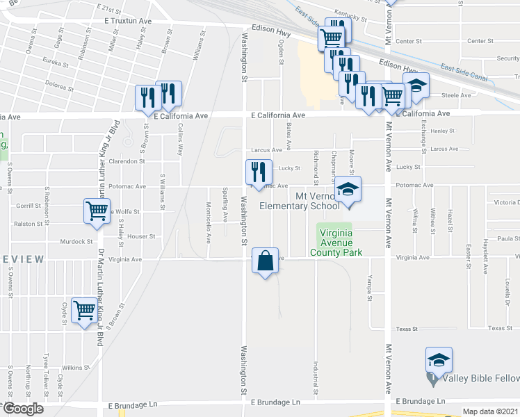 map of restaurants, bars, coffee shops, grocery stores, and more near 607 Washington Street in Bakersfield