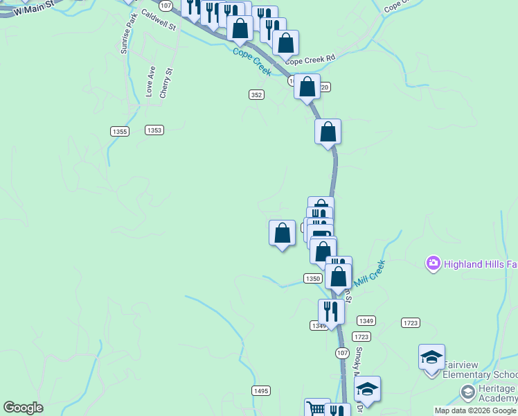 map of restaurants, bars, coffee shops, grocery stores, and more near 349 Connor Road in Sylva