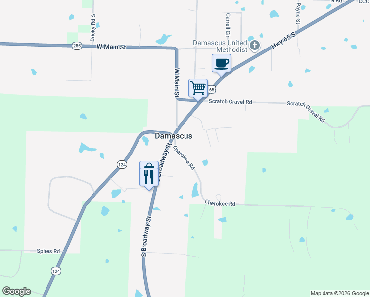 map of restaurants, bars, coffee shops, grocery stores, and more near 9 Cherokee Road in Damascus