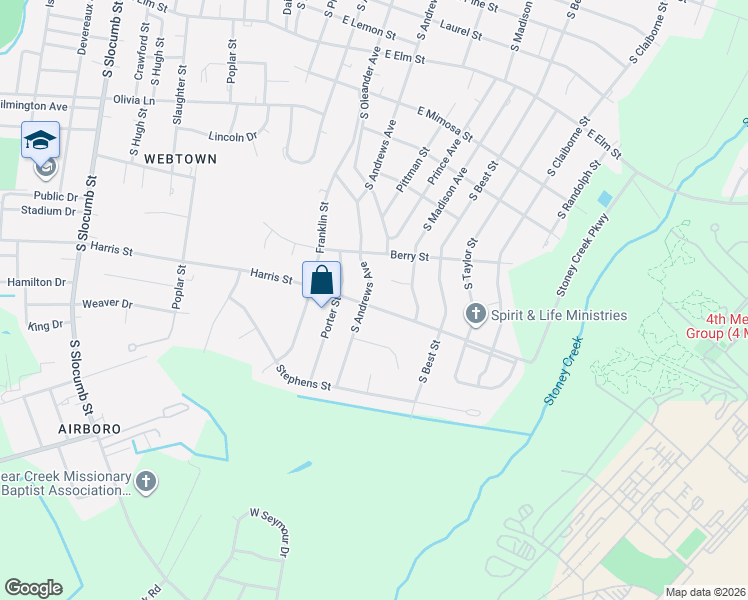 map of restaurants, bars, coffee shops, grocery stores, and more near 1110 South Andrews Avenue in Goldsboro