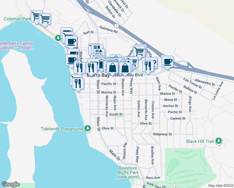 map of restaurants, bars, coffee shops, grocery stores, and more near 500 Marina Street in Morro Bay