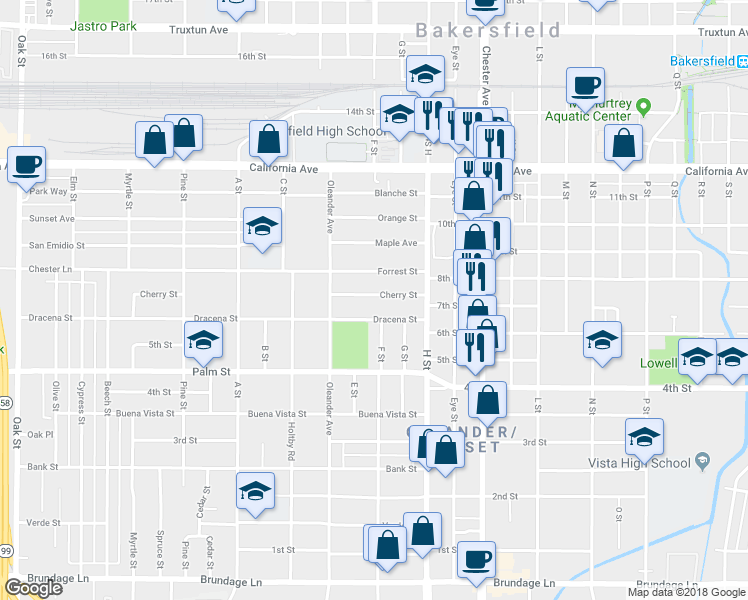 map of restaurants, bars, coffee shops, grocery stores, and more near 1907 Cherry Street in Bakersfield