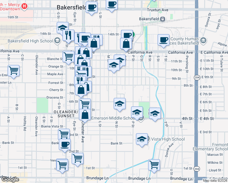 map of restaurants, bars, coffee shops, grocery stores, and more near 715 N Street in Bakersfield