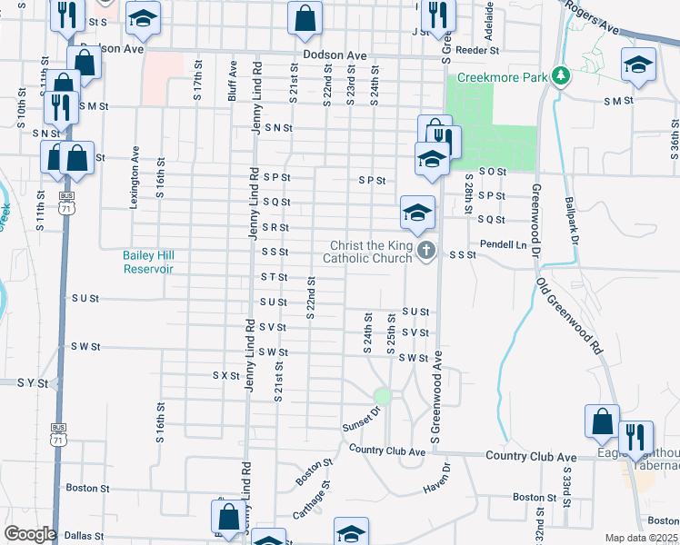 map of restaurants, bars, coffee shops, grocery stores, and more near 2223 South T Street in Fort Smith