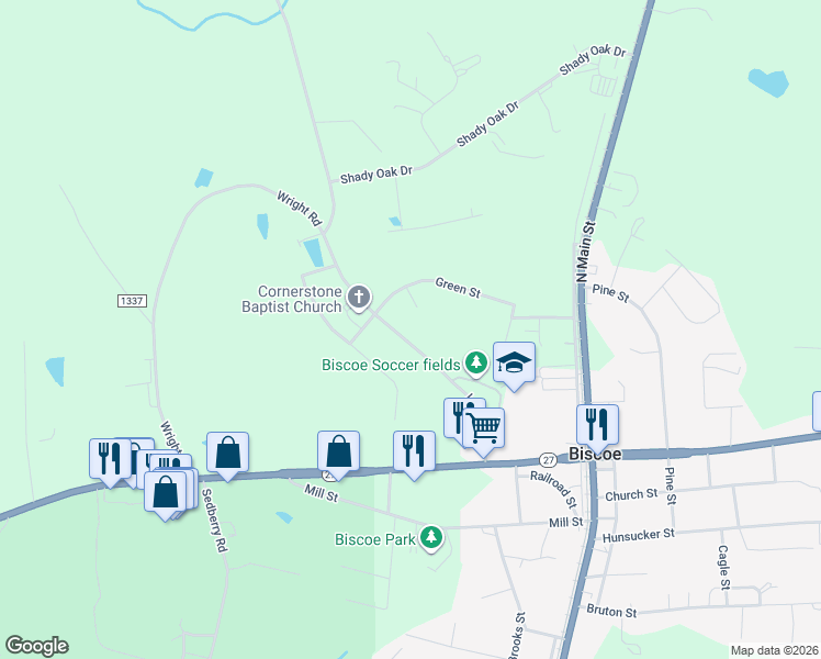 map of restaurants, bars, coffee shops, grocery stores, and more near 220 Lambert Road in Biscoe