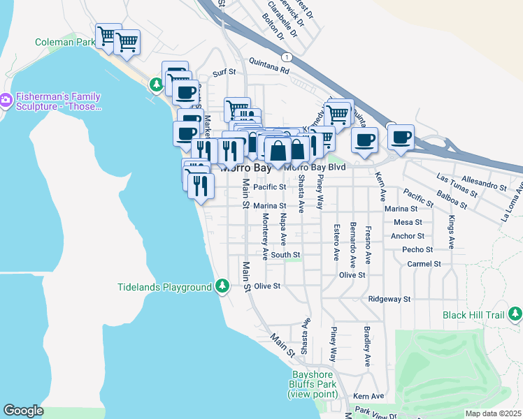 map of restaurants, bars, coffee shops, grocery stores, and more near 390 Marina St in Morro Bay