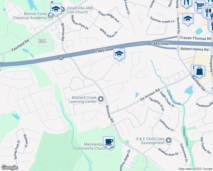 map of restaurants, bars, coffee shops, grocery stores, and more near 11819 Fox Glen Road in Charlotte