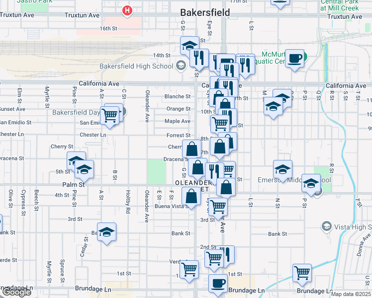 map of restaurants, bars, coffee shops, grocery stores, and more near 1711 Cherry Street in Bakersfield