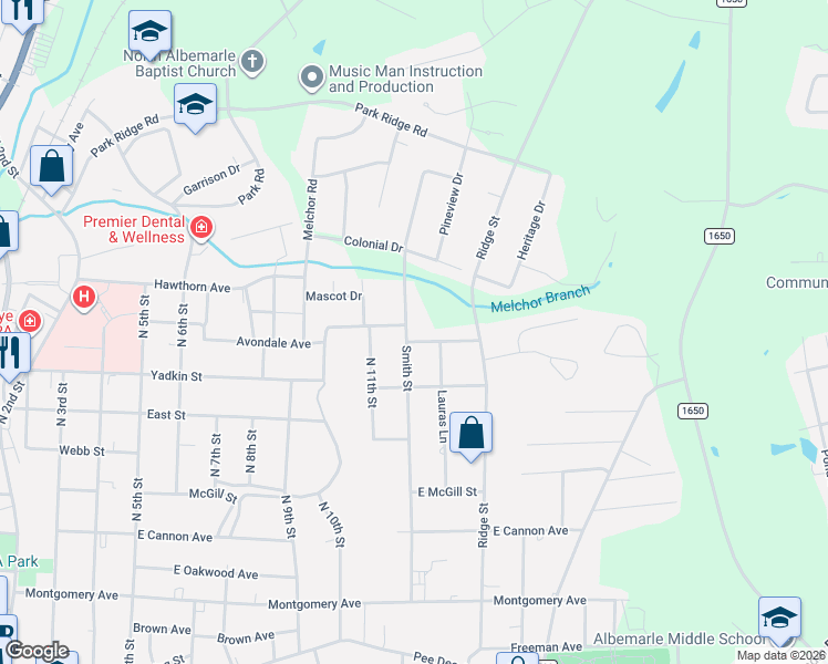 map of restaurants, bars, coffee shops, grocery stores, and more near 1002 Smith Street in Albemarle