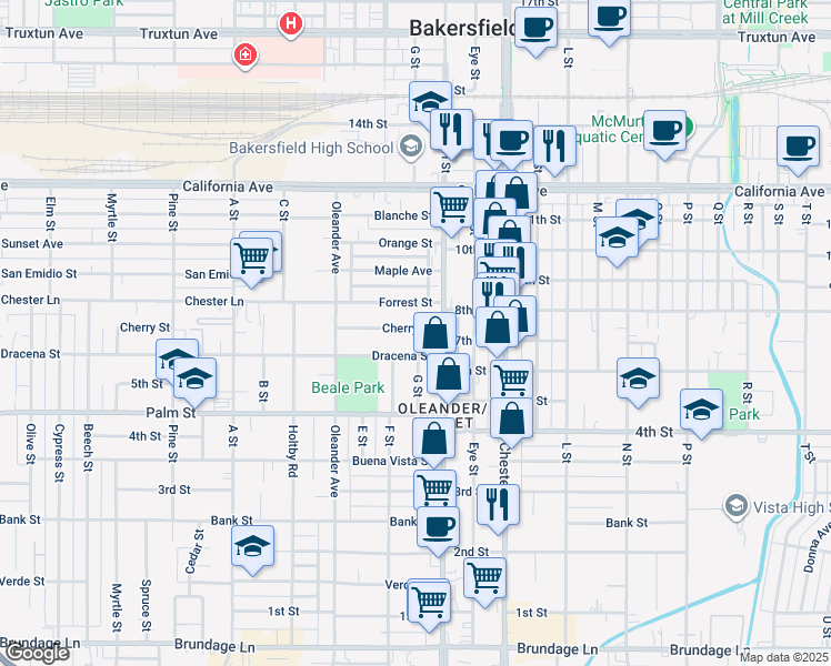 map of restaurants, bars, coffee shops, grocery stores, and more near 1715 Cherry Street in Bakersfield