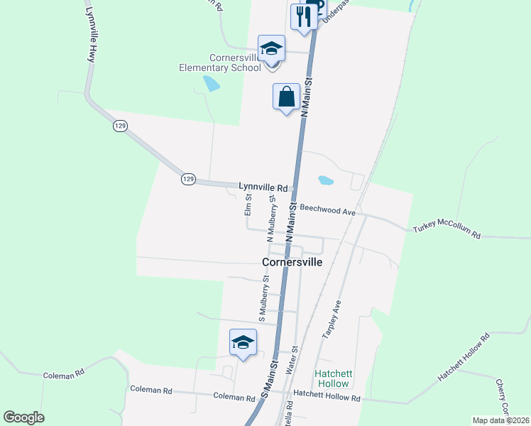 map of restaurants, bars, coffee shops, grocery stores, and more near 207 North Mulberry Street in Cornersville