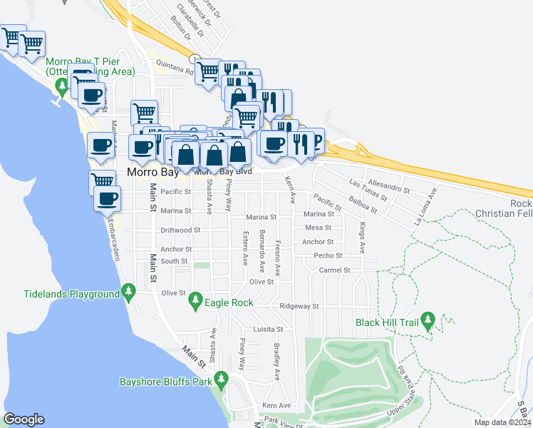 map of restaurants, bars, coffee shops, grocery stores, and more near 612 Bernardo Avenue in Morro Bay