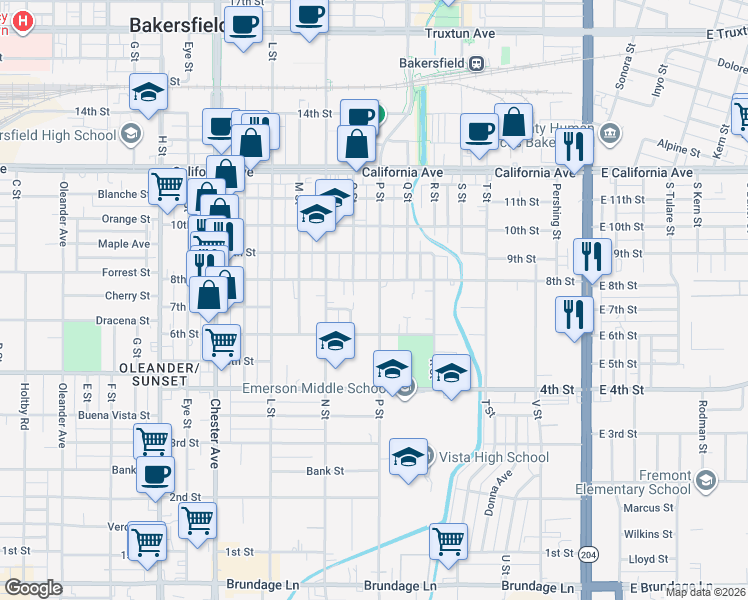 map of restaurants, bars, coffee shops, grocery stores, and more near 714 P Street in Bakersfield