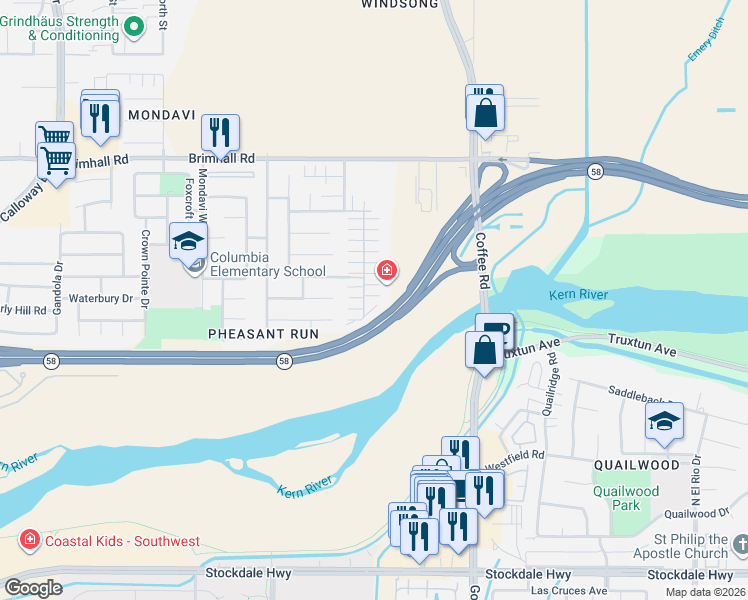 map of restaurants, bars, coffee shops, grocery stores, and more near 631 Jasmine Parke Drive in Bakersfield