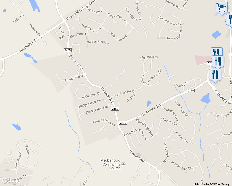 map of restaurants, bars, coffee shops, grocery stores, and more near 11819 Fox Glen Road in Charlotte