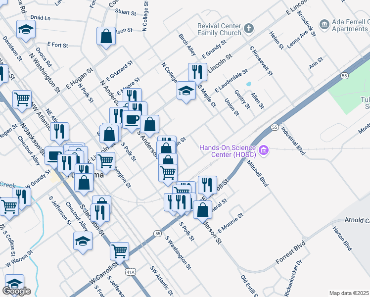 map of restaurants, bars, coffee shops, grocery stores, and more near 510 East Warren Street in Tullahoma