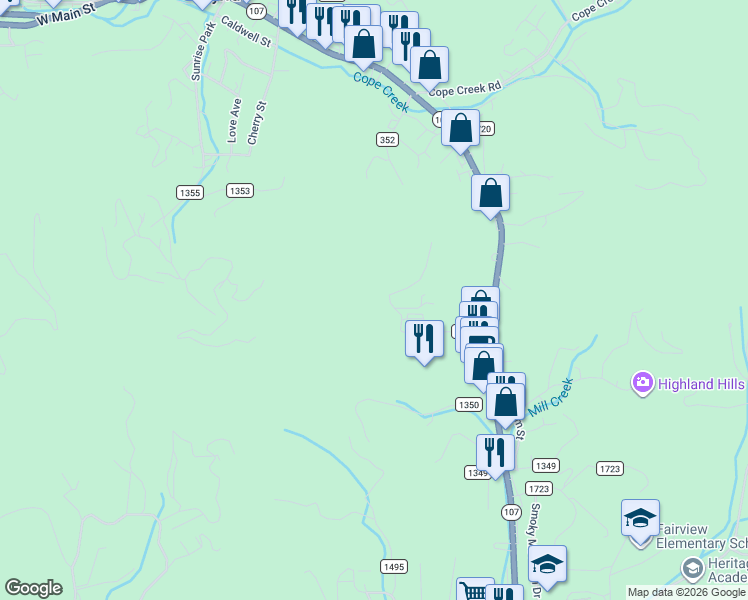 map of restaurants, bars, coffee shops, grocery stores, and more near 349 Connor Road in Sylva