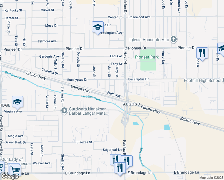 map of restaurants, bars, coffee shops, grocery stores, and more near 307 Troy Street in Bakersfield
