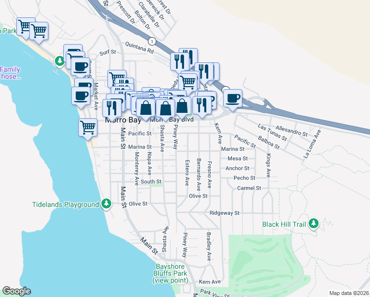 map of restaurants, bars, coffee shops, grocery stores, and more near 611 Estero Avenue in Morro Bay