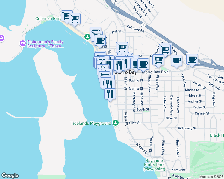 map of restaurants, bars, coffee shops, grocery stores, and more near 210 Marina Street in Morro Bay