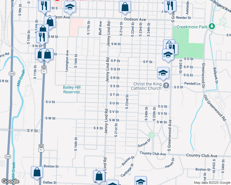 map of restaurants, bars, coffee shops, grocery stores, and more near 2025 South T Street in Fort Smith