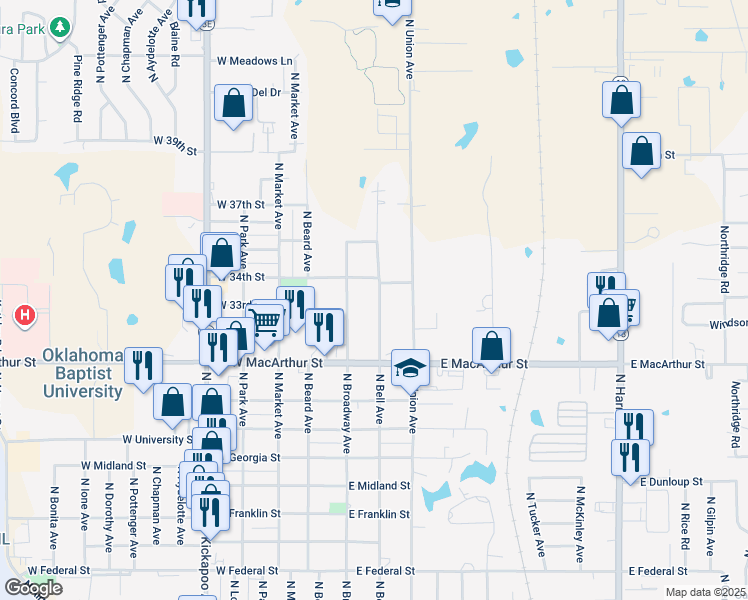 map of restaurants, bars, coffee shops, grocery stores, and more near 2902 North Bell Avenue in Shawnee