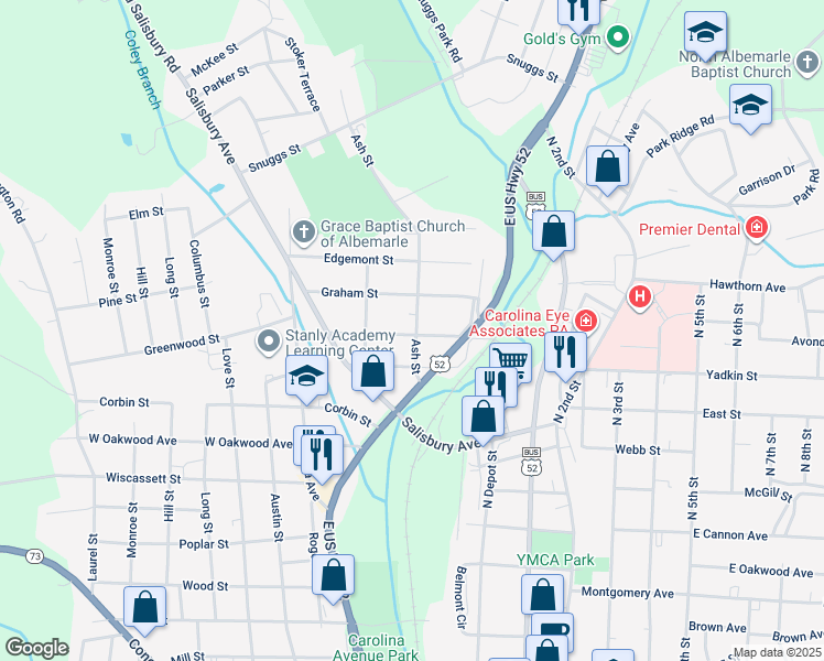 map of restaurants, bars, coffee shops, grocery stores, and more near 504 Watts Street in Albemarle