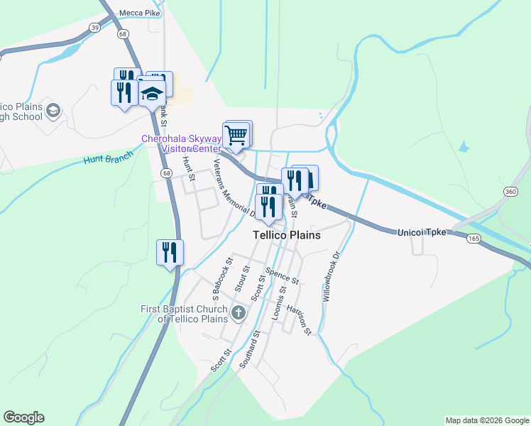 map of restaurants, bars, coffee shops, grocery stores, and more near 106 Barn Street in Tellico Plains