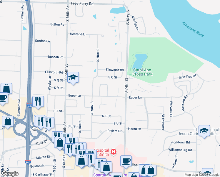 map of restaurants, bars, coffee shops, grocery stores, and more near 1823 South 72nd Street in Fort Smith