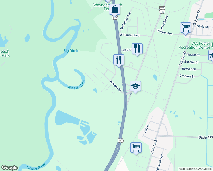 map of restaurants, bars, coffee shops, grocery stores, and more near 1015 Branch Street in Goldsboro