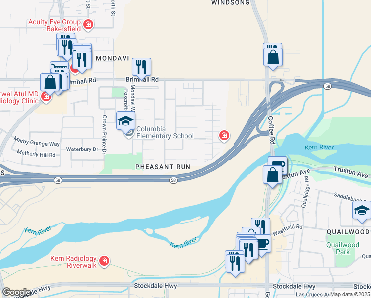 map of restaurants, bars, coffee shops, grocery stores, and more near 8713 Fox Creek Court in Bakersfield