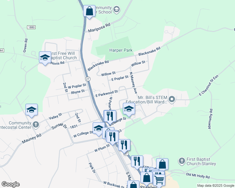 map of restaurants, bars, coffee shops, grocery stores, and more near 208 East Parkwood Street in Stanley